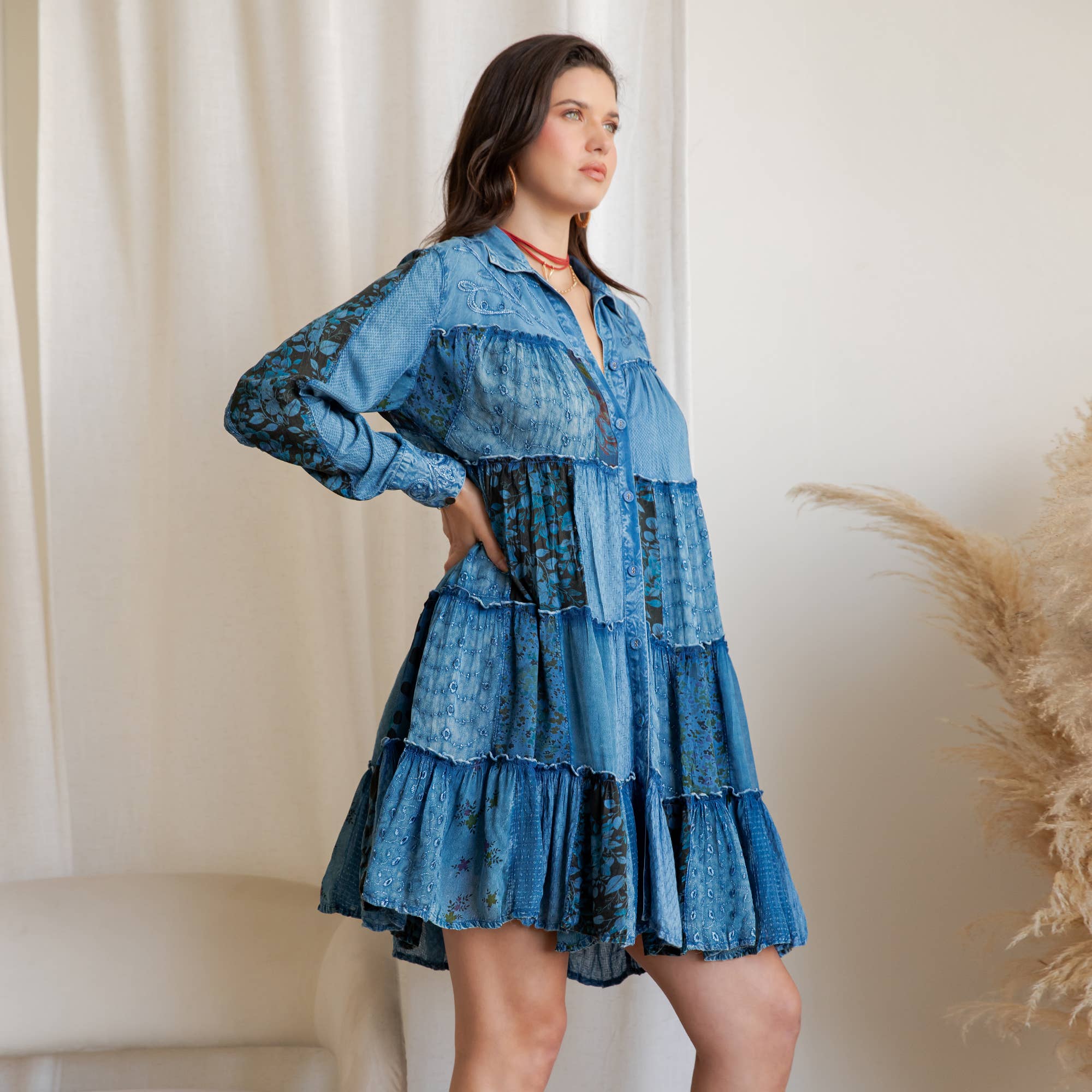 Young Threads - Wholesale Dress - Women's - Artisan Embroidered Jhabla Shirt Dress in Mixed Motifs PLUS23