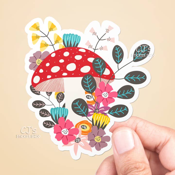 Mushroom and Flowers Sticker Vinyl Decal for wholesale by CJ's Sticker Shop