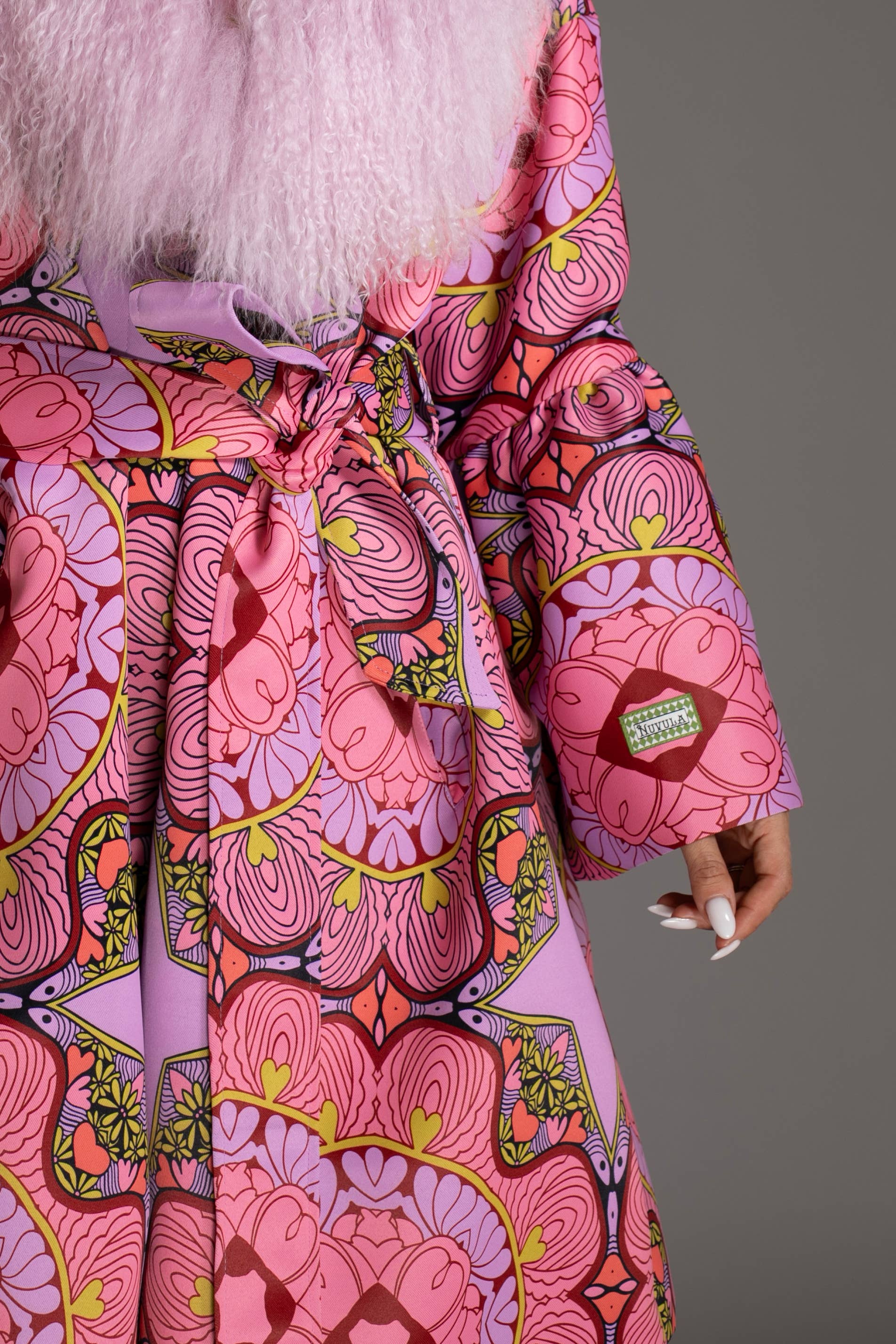 Nuvula - Wholesale Fur/Faux Fur Coat - Women's - Pink Wool Coat with Sheared Mongolian Fur Collar3