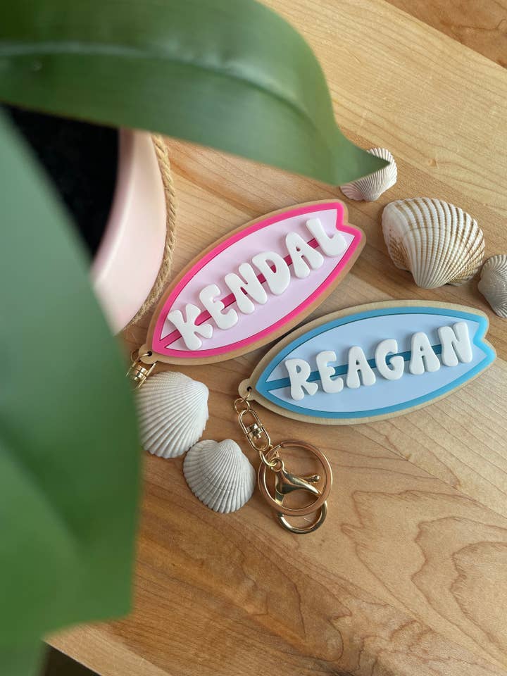 Custom Colorful Surfboard Keychain with Gold Features for wholesale by DesignedbyKendal
