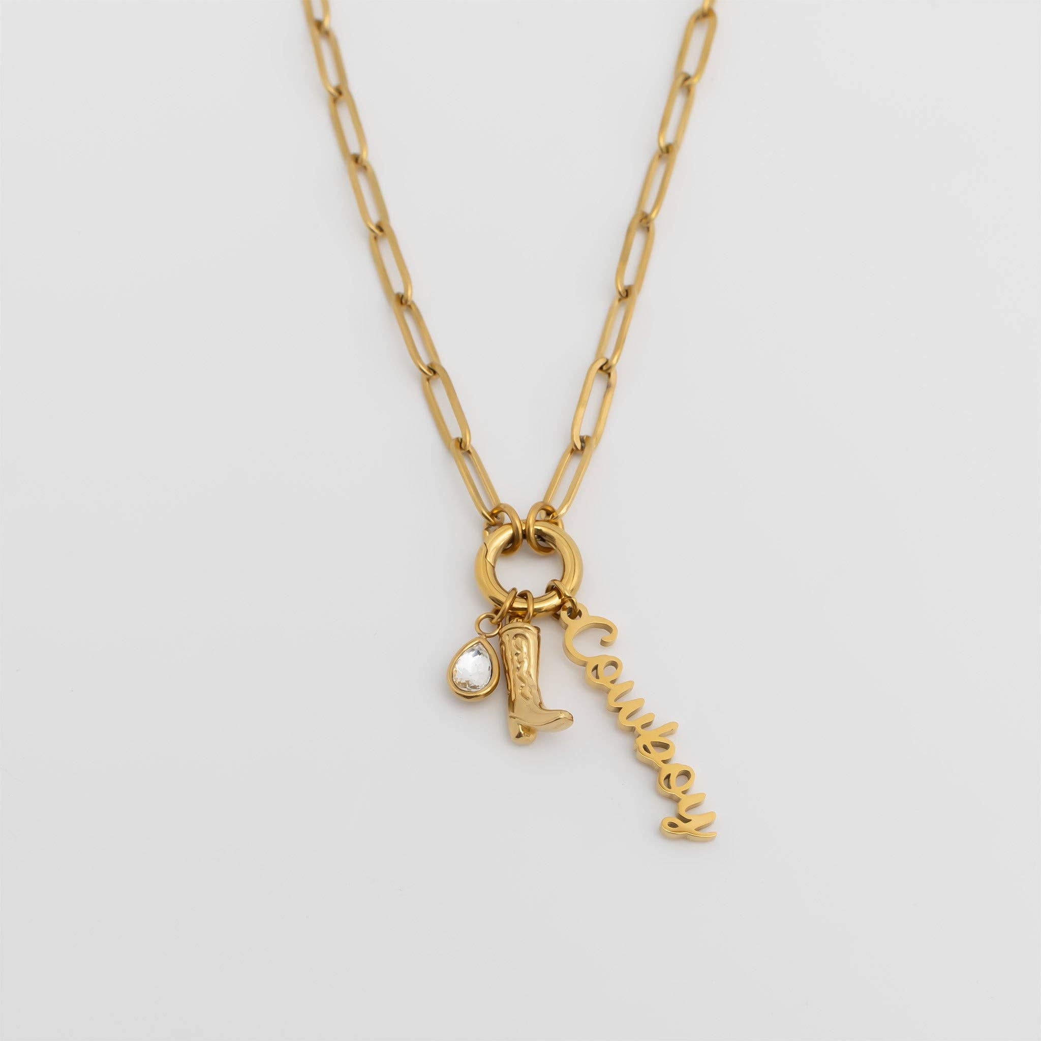 WJW – Engroshandel Smykkesæt – Guld rustfrit stål cowboy charmholder halskæde gavesæt3