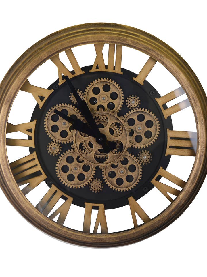 18" Ant Gold And Black Wall Clock With Moving Gears for wholesale by Three Star IM/EX Inc.