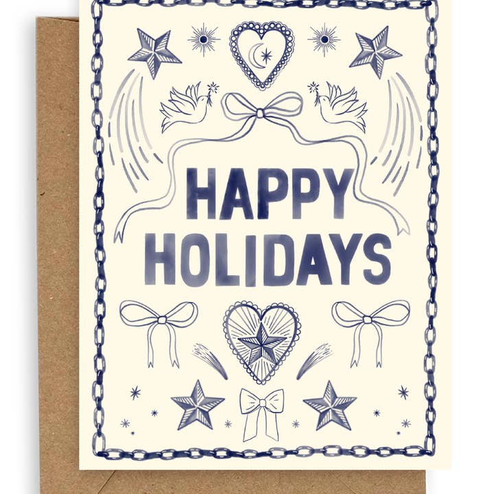 Frohe Festtags-Karte mit Indigo Icons für den Großhandel von Adelfi
