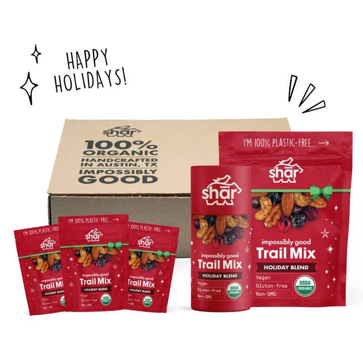 HAPPY HOLIDAYS – The Christmas Box (11 oz Compostable Bag + 3 Mini-Bags + 1 Tube – Holiday Blend) for wholesale by shār snacks