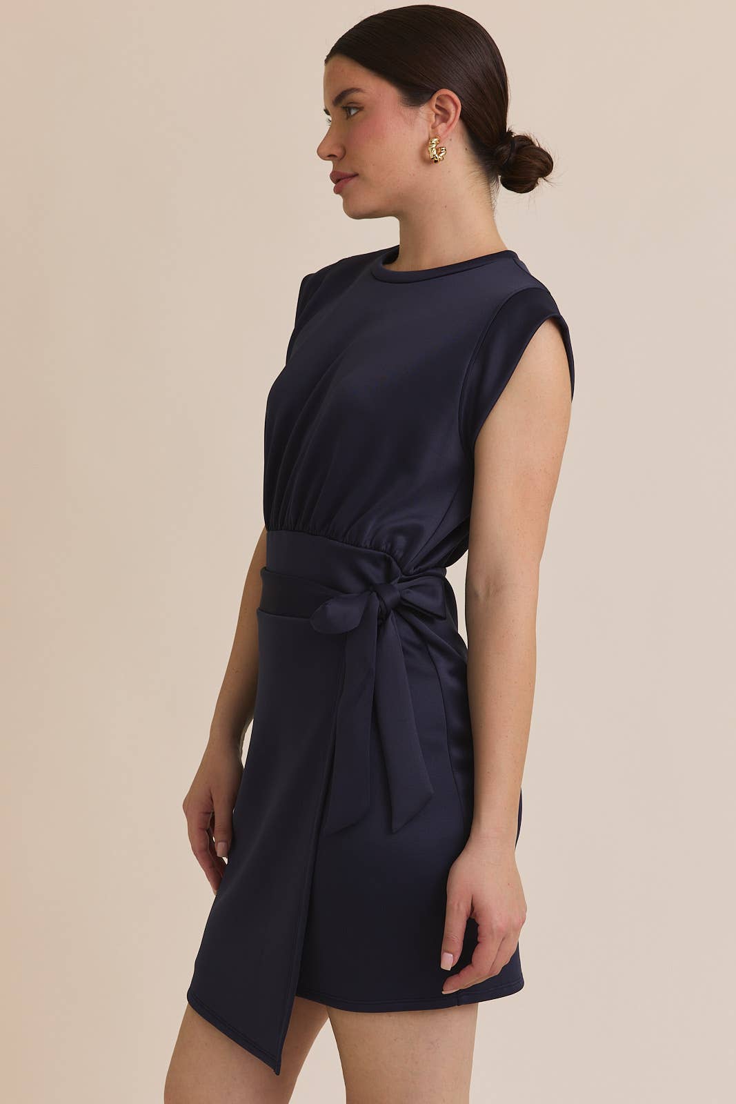 NAVY ROUND NECK SLEEVELESS WRAP MINI DRESS for wholesale on Faire2