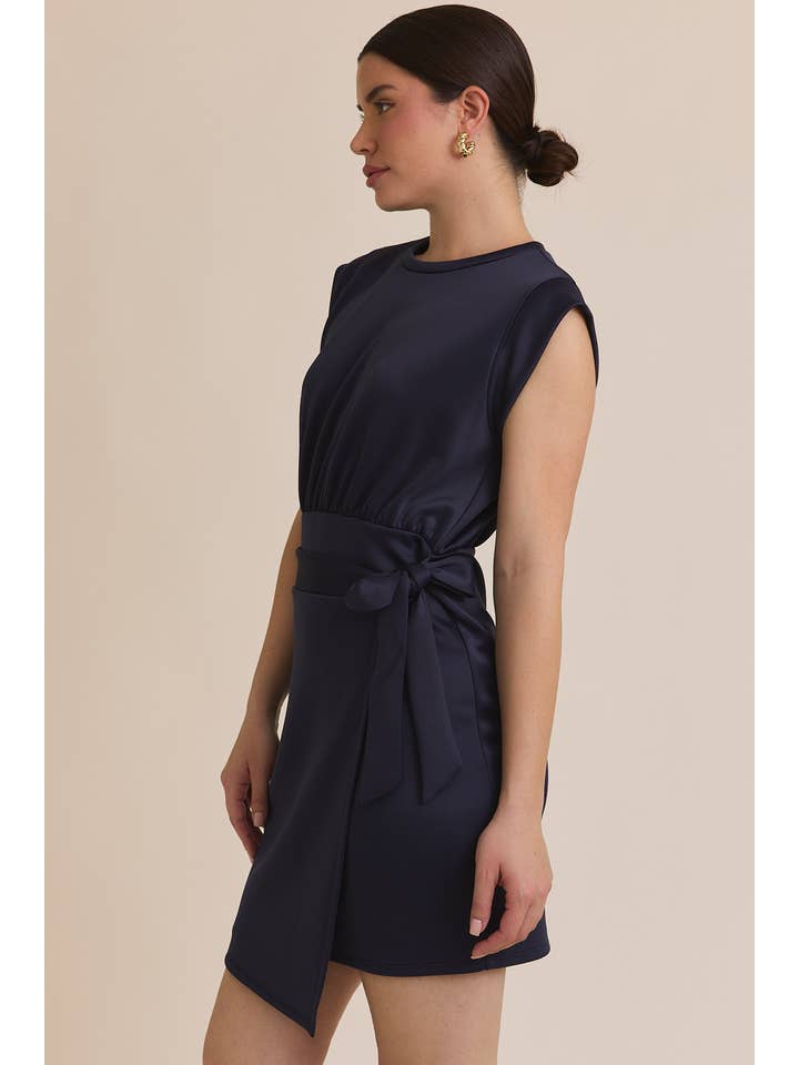 NAVY ROUND NECK SLEEVELESS WRAP MINI DRESS for wholesale on Faire2