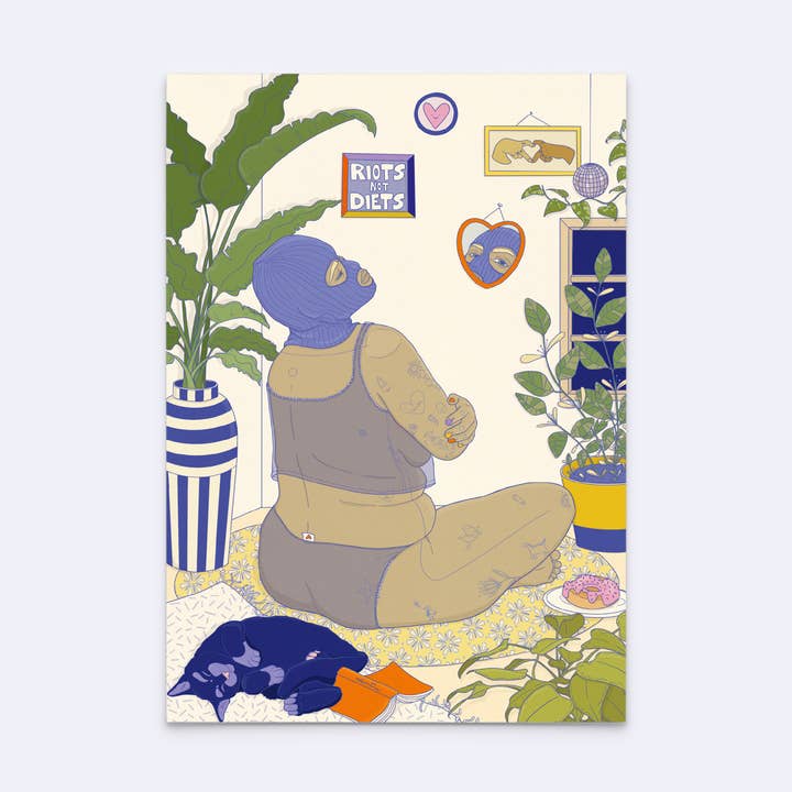 Postcard "riots not diets!" for wholesale by minttu illustrations