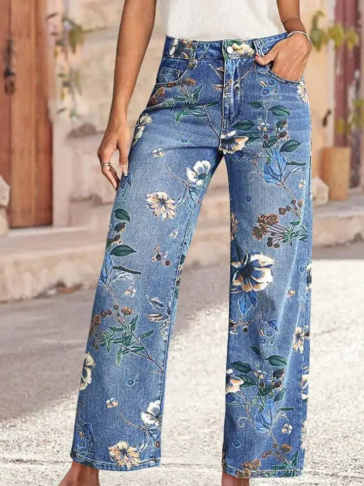 Jeans de Cintura Alta Largos e Largos com Estampa Floral XYK064 por atacado de UNISHE