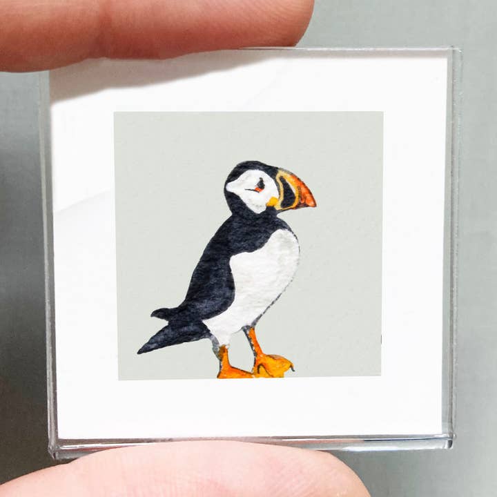 Mini 1" Puffin Tiny Watercolor Framed Art Print for wholesale by Mick's Art Goods