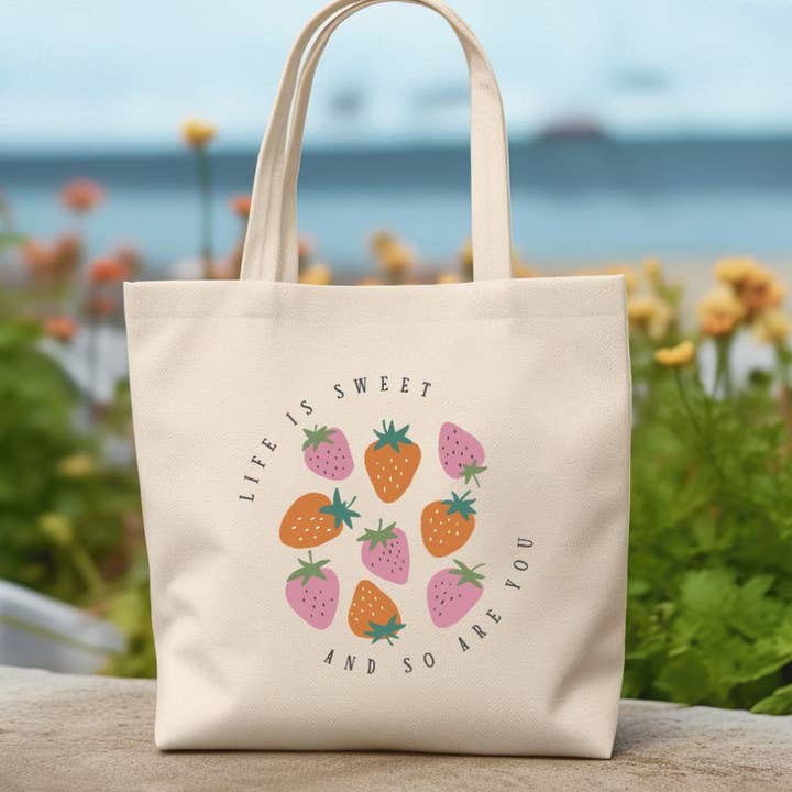 Strawberry Life is Sweet Canvas Tote Bag for wholesale by Sister Ray