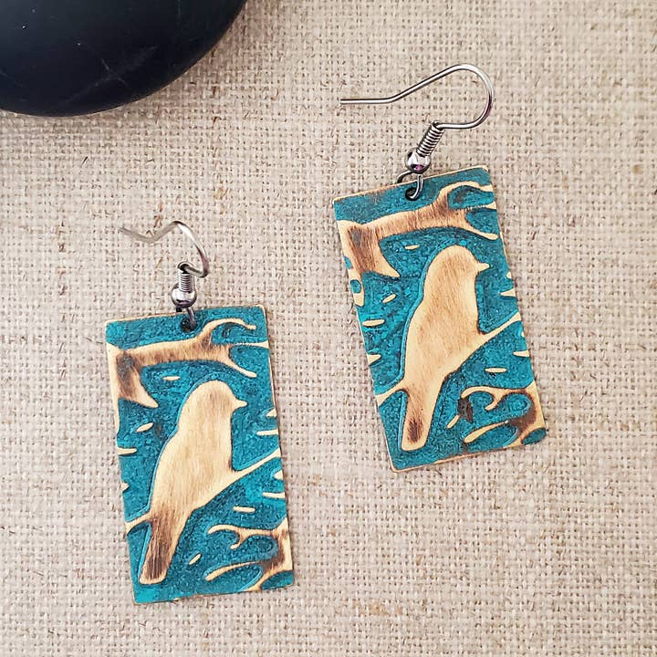 Covaly Artisan Jewelry - Wholesale Dangle Earrings - Medium Rectangle Embossed Bird Paint Patina Earrings4