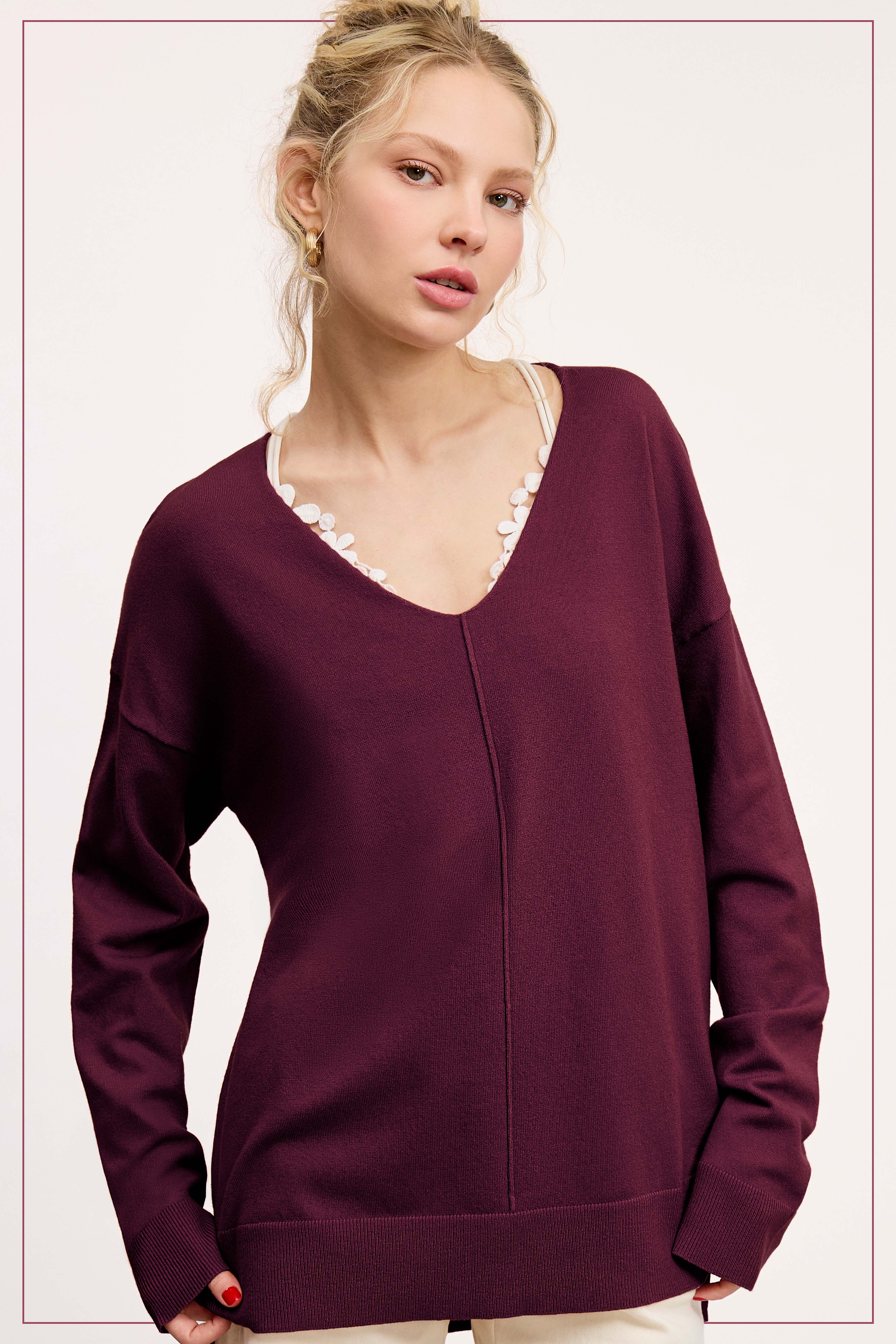 La Miel - Wholesale Knit Sweater - Women's - JBS3122-Stretchy V-neck Long Sleeve Lightweight Knit Top26