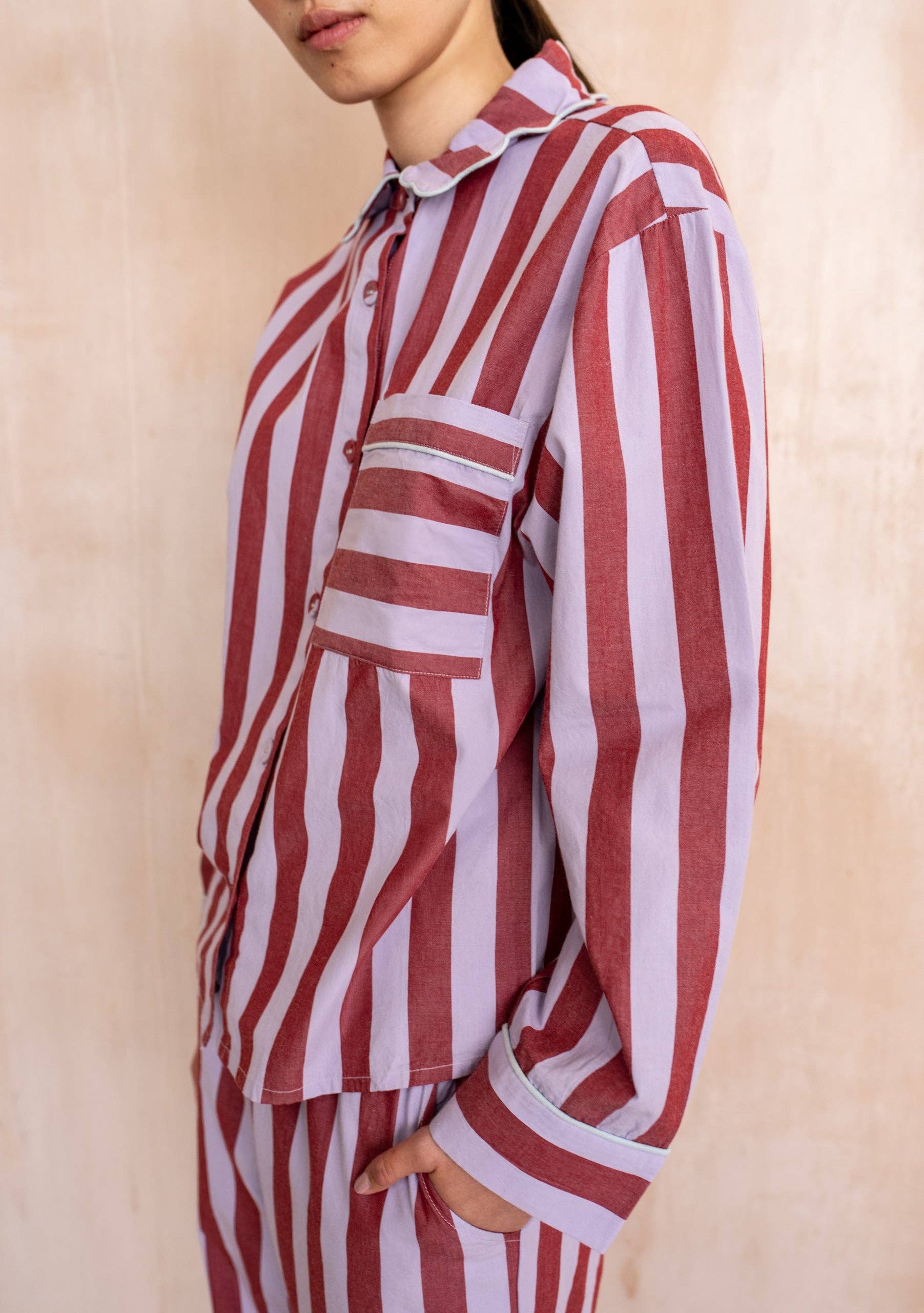 TBCo - Vente Haut et bas de pyjama – femme - Pyjama en coton à rayures lilas3