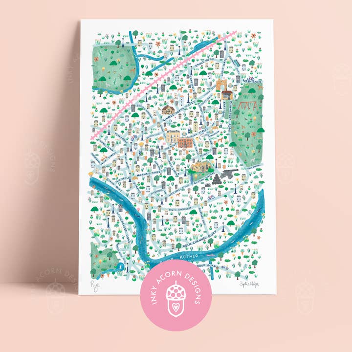 Rye Illustrated Map Signed Art Print for wholesale by Inky Acorn Designs
