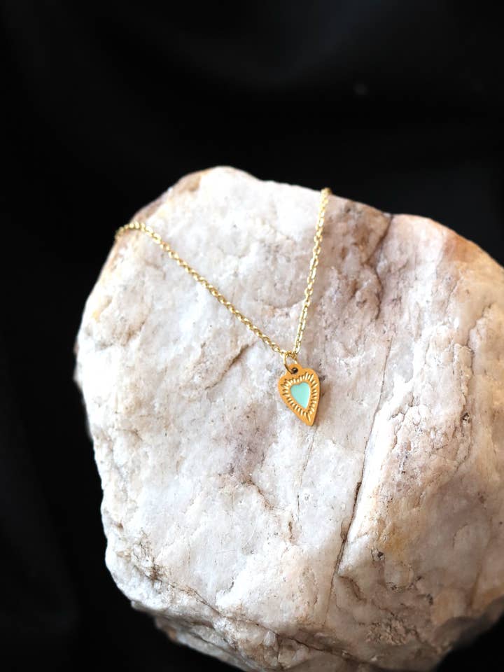 Mint Charm Heart Necklace - Stainless Steel, Gold Plated for wholesale by Cedar and Cypress Designs
