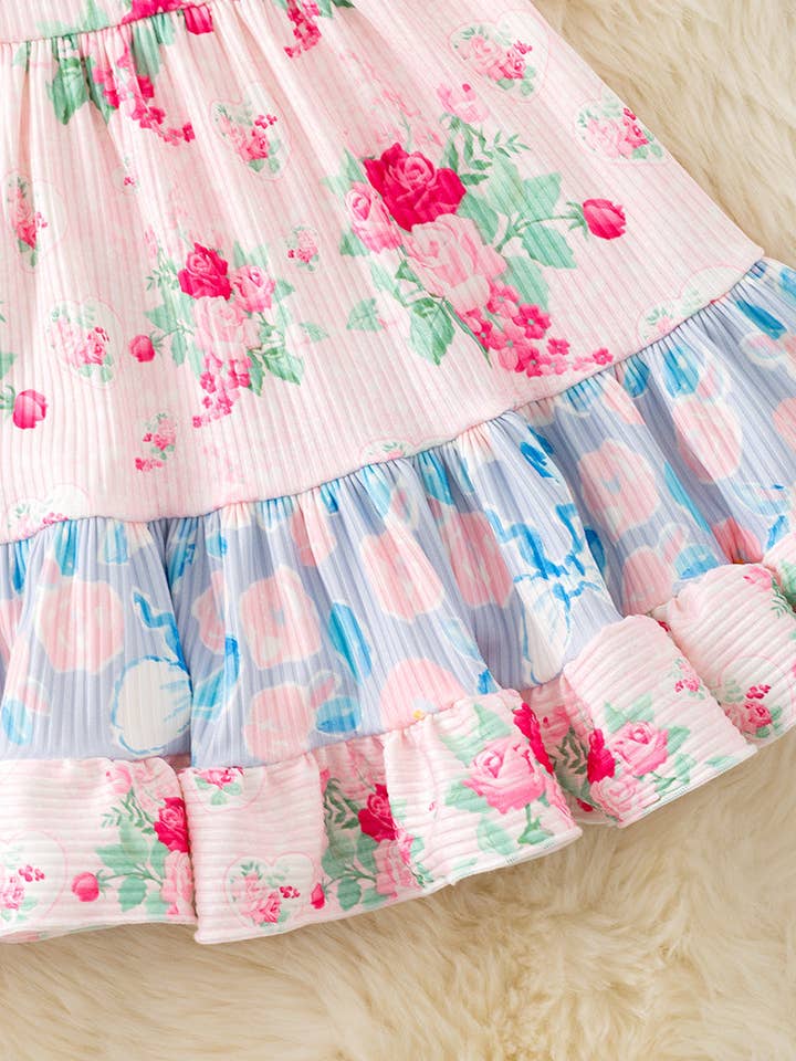 Kids Charm Online - Wholesale Dress - Kids - Girls rose and multi printed ruffle dress. DRG41149 SOL
