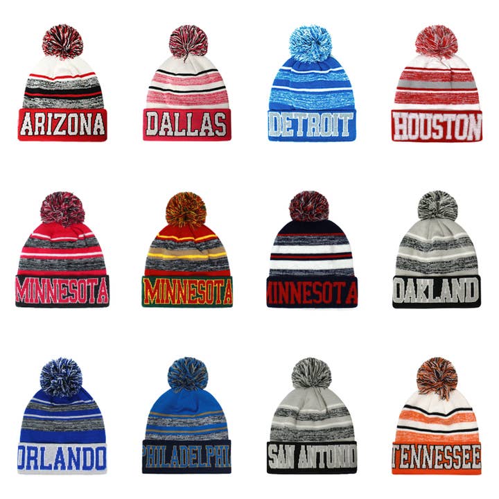 ChoKoLids - Wholesale Beanie - Unisex - US Sports Team City Winter Knit Pom Pom Striped Beanies Hats
