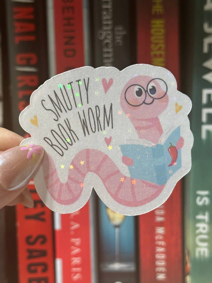 Smutty book worm sticker for wholesale by Brinnvill Books