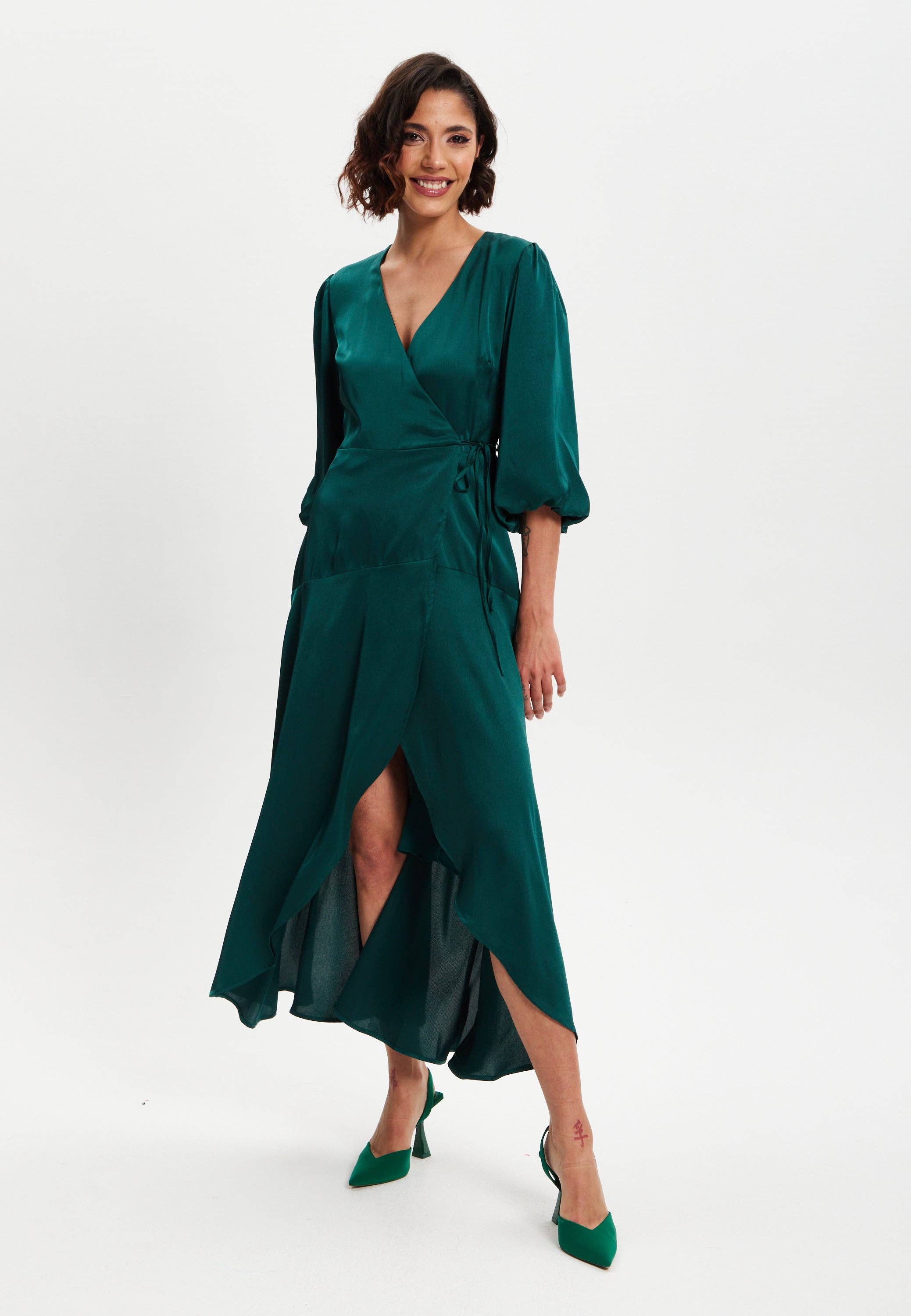 Liquorish Dark Green Midi Wrap Dress With Short Puff Sleeves for wholesale on Faire2