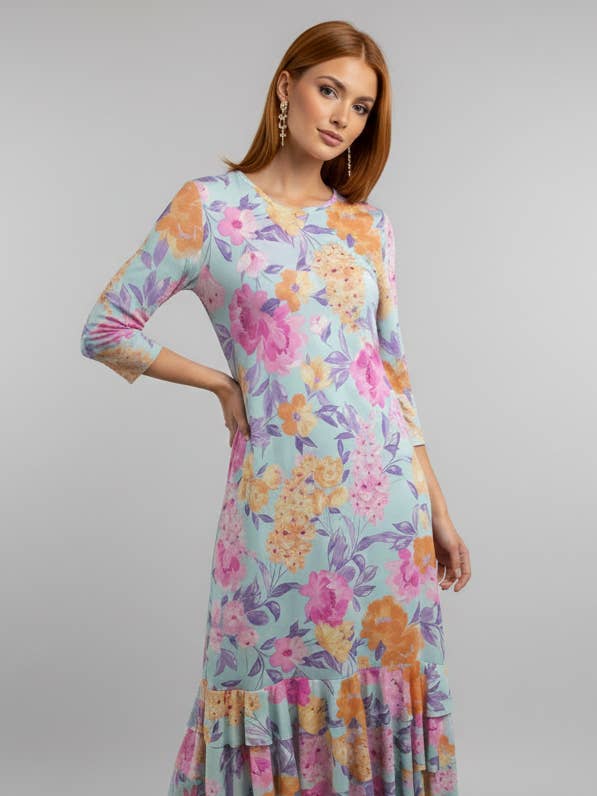 5861 Aqua Blossom Ruffled Midi Dress for wholesale by LTX Sportswear