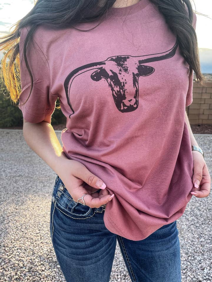 Longhorn Mauve Short Sleeve Women's T-Shirt for wholesale by Buckin Barn Wholesale