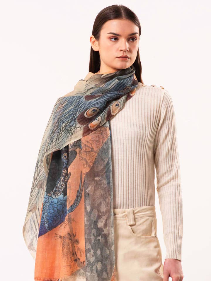 DLUX Majestic Pure Merino Wol Sjaal, Pauwenprint 70x180cm voor wholesale door DLUX Scarves