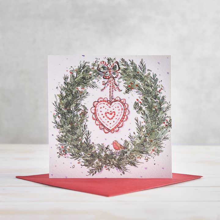 Christmas Heart and Wreath Christmas Greetings Card (Copy) for wholesale by Helen Wiseman Illustration
