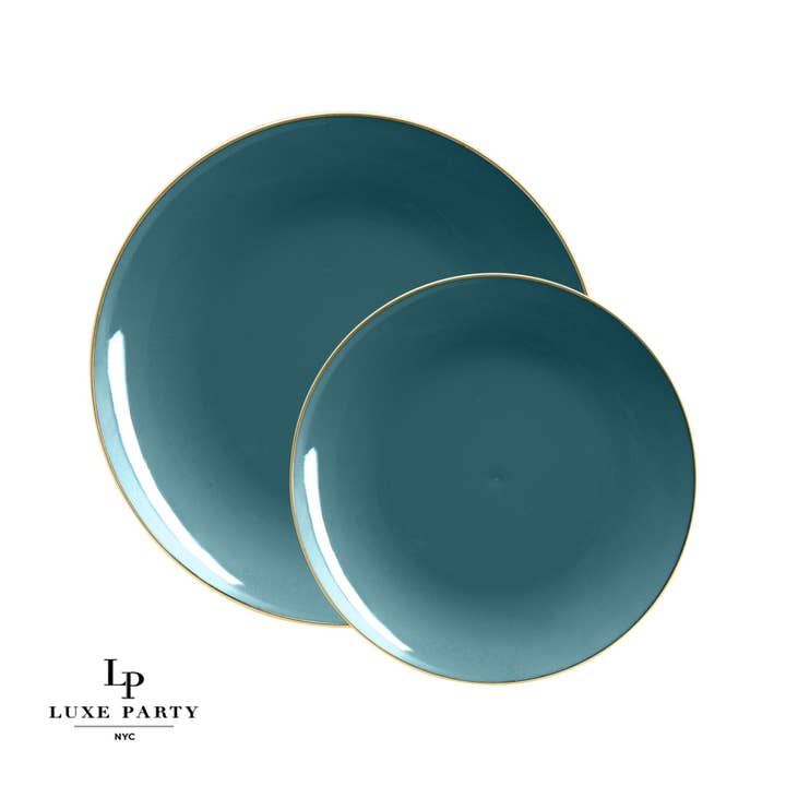 Luxe Party - Wholesale Disposable Plate - Round Teal • Gold Plastic Plates | 10 Pack