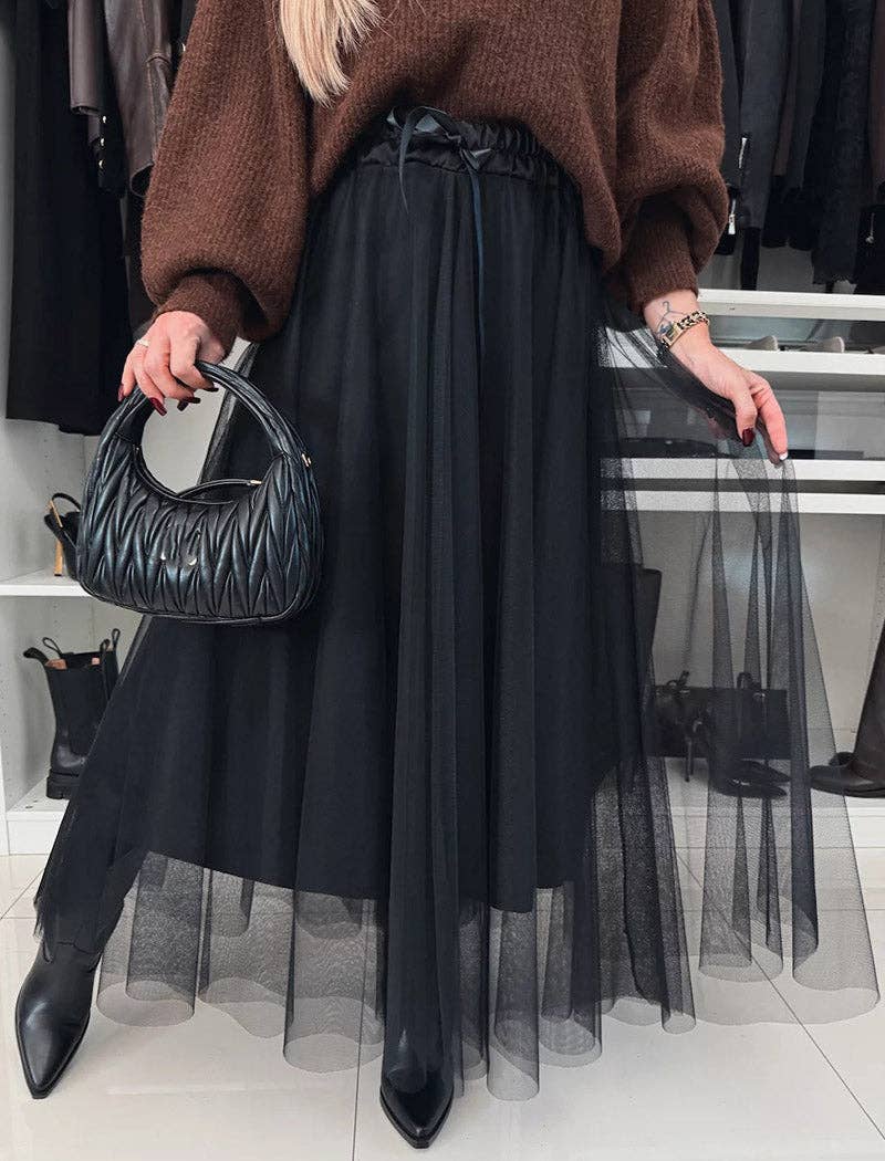 safistyle – Saia - Mulher por atacado – Saia Maxi Sobreposição de Tule com Cintura de Fita3