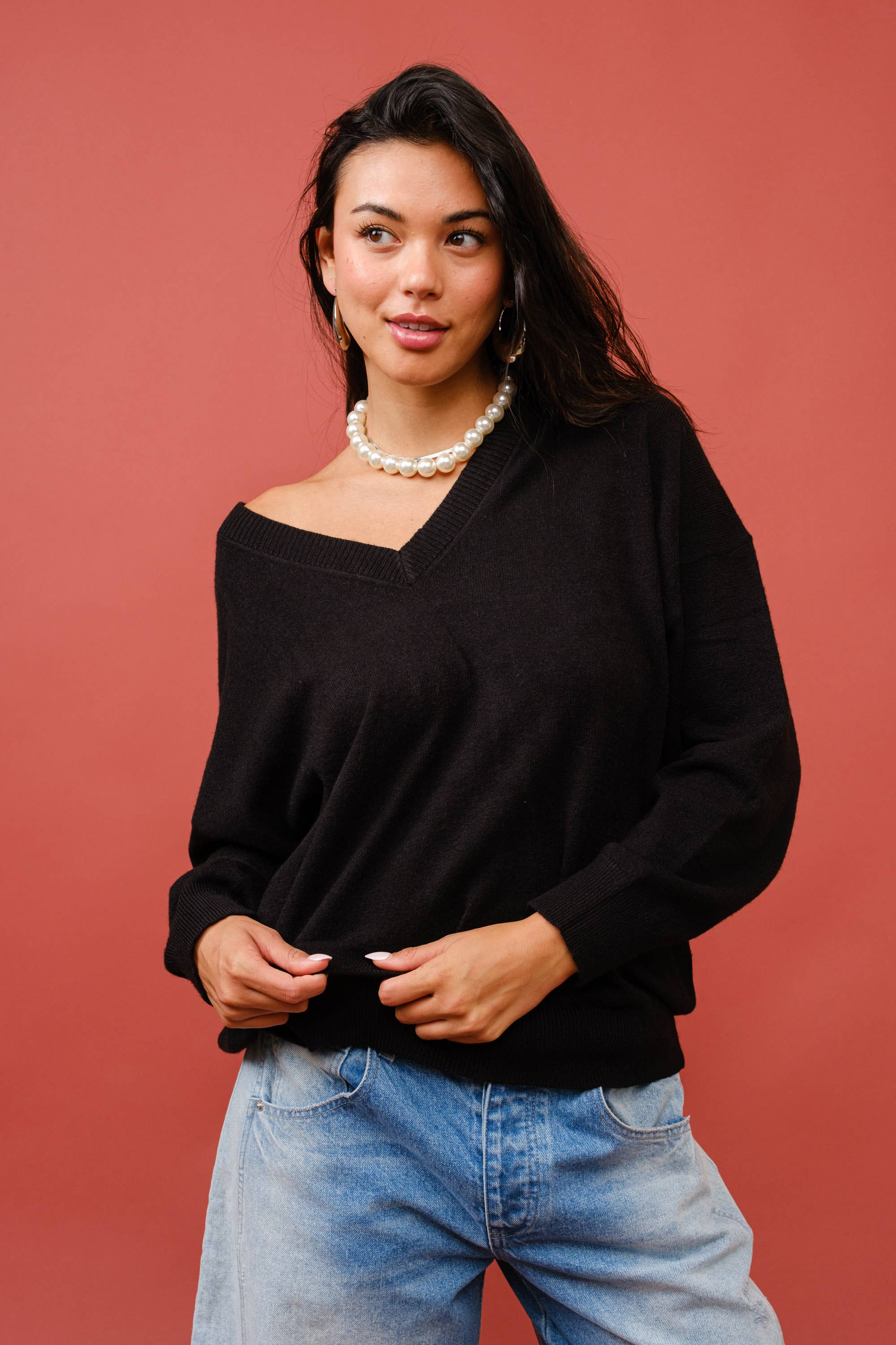 Signature 8 – Pulôver - Mulher por atacado – Suéter Oversized de Cashmere com Decote V e Mangas Longas S631218