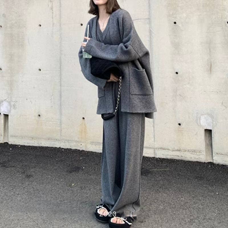 Marayn - Wholesale Top & Pant Set (NOT Loungewear) - Women's - Luxury AutumnWinter Knit Set Chic Sweater VNeck Wide Pants0