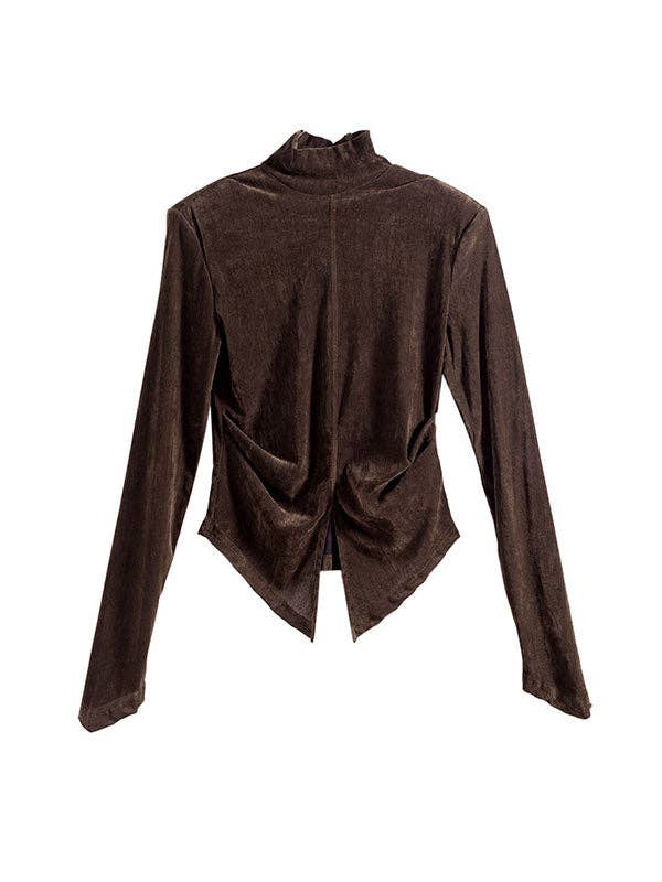 Sheer Trend - Venta al por mayor Blusa - Mujer - Camisetas de cuello alto y bajo de terciopelo de color liso con abertura en la parte delantera9