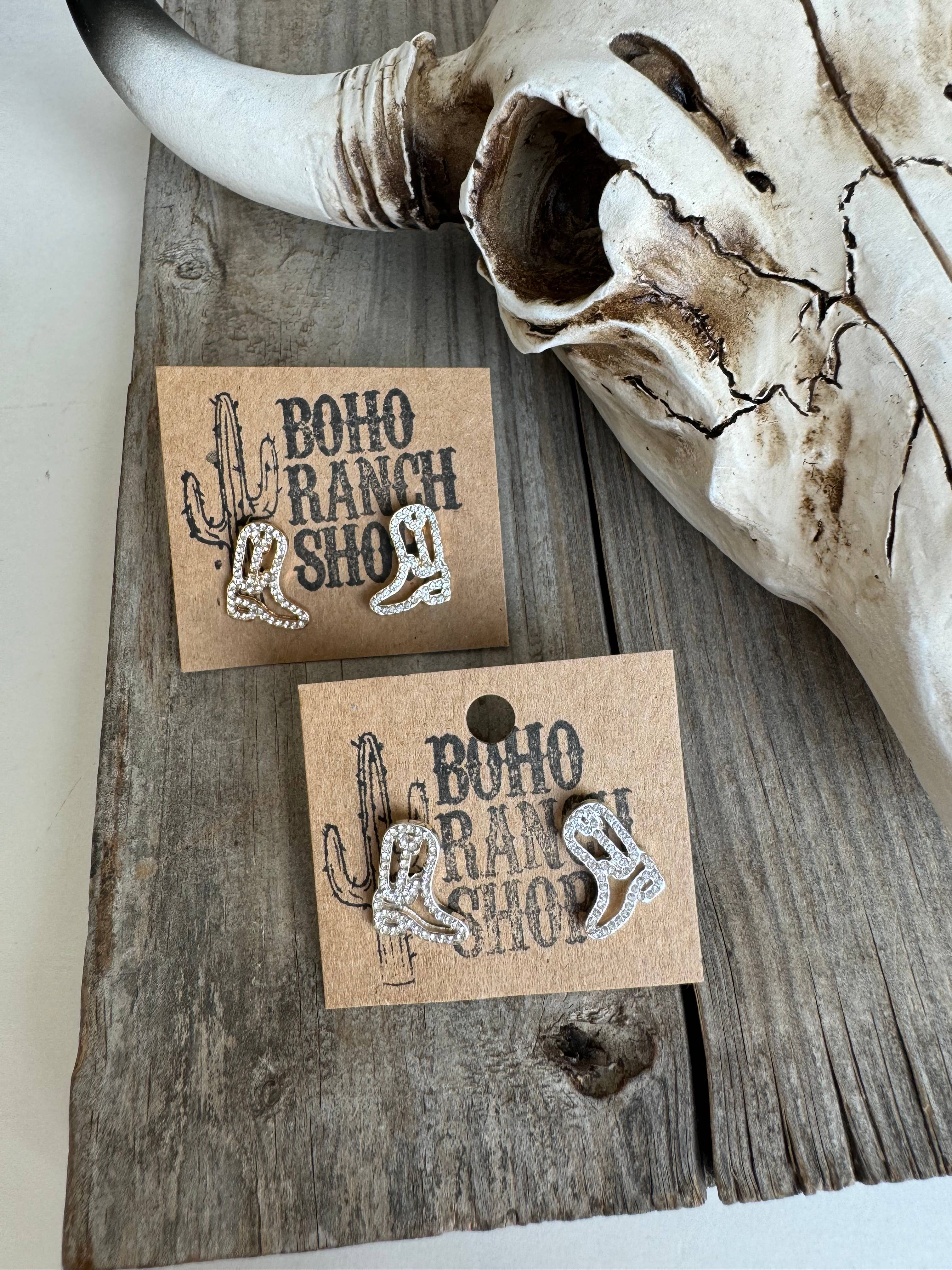 Boho Ranch Shop – wholesale Stud/post earrings – Western cut out paved Stud earrings - cowboy boots hat bow 10