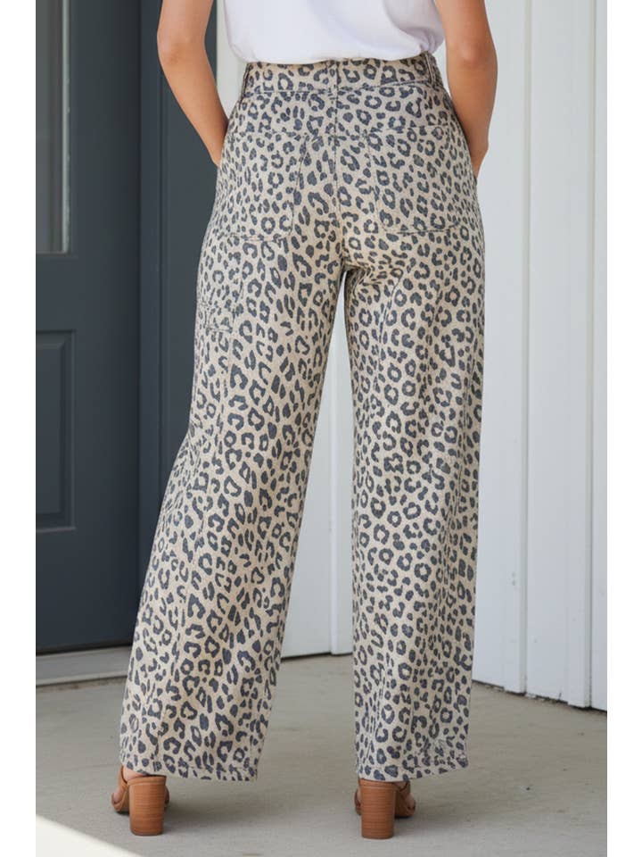Brown LAS Leopard Drawstring Waist Pocketed Wide Leg Jeans (4-16) for wholesale on Faire1
