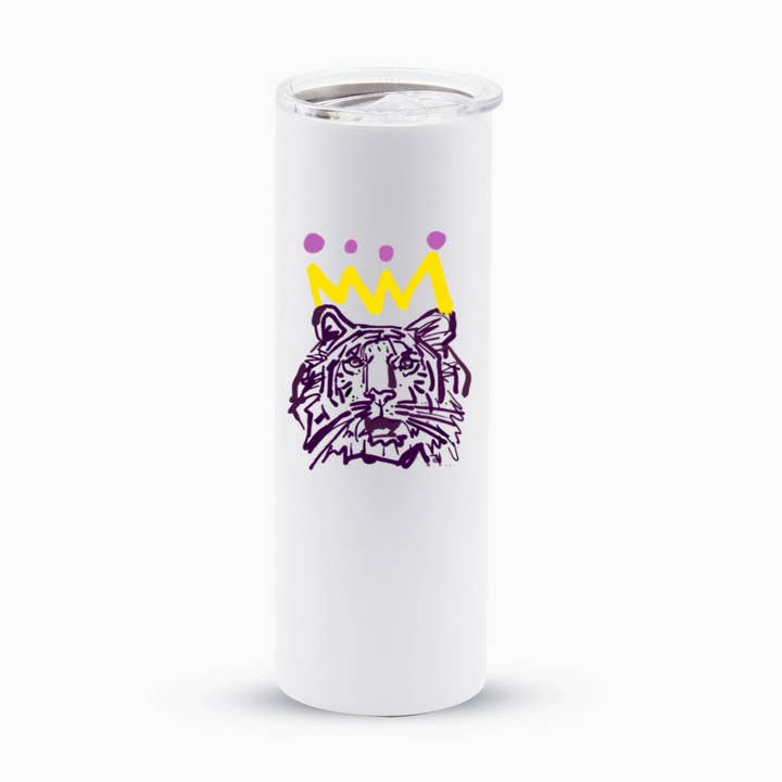 The Purple x Gold Tiger Skinny Travel Mug for wholesale by Stadium Shoppe & Co