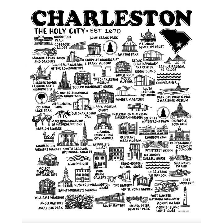 Charleston Map Druck Weiß für den Großhandel von Whereabouts Shop