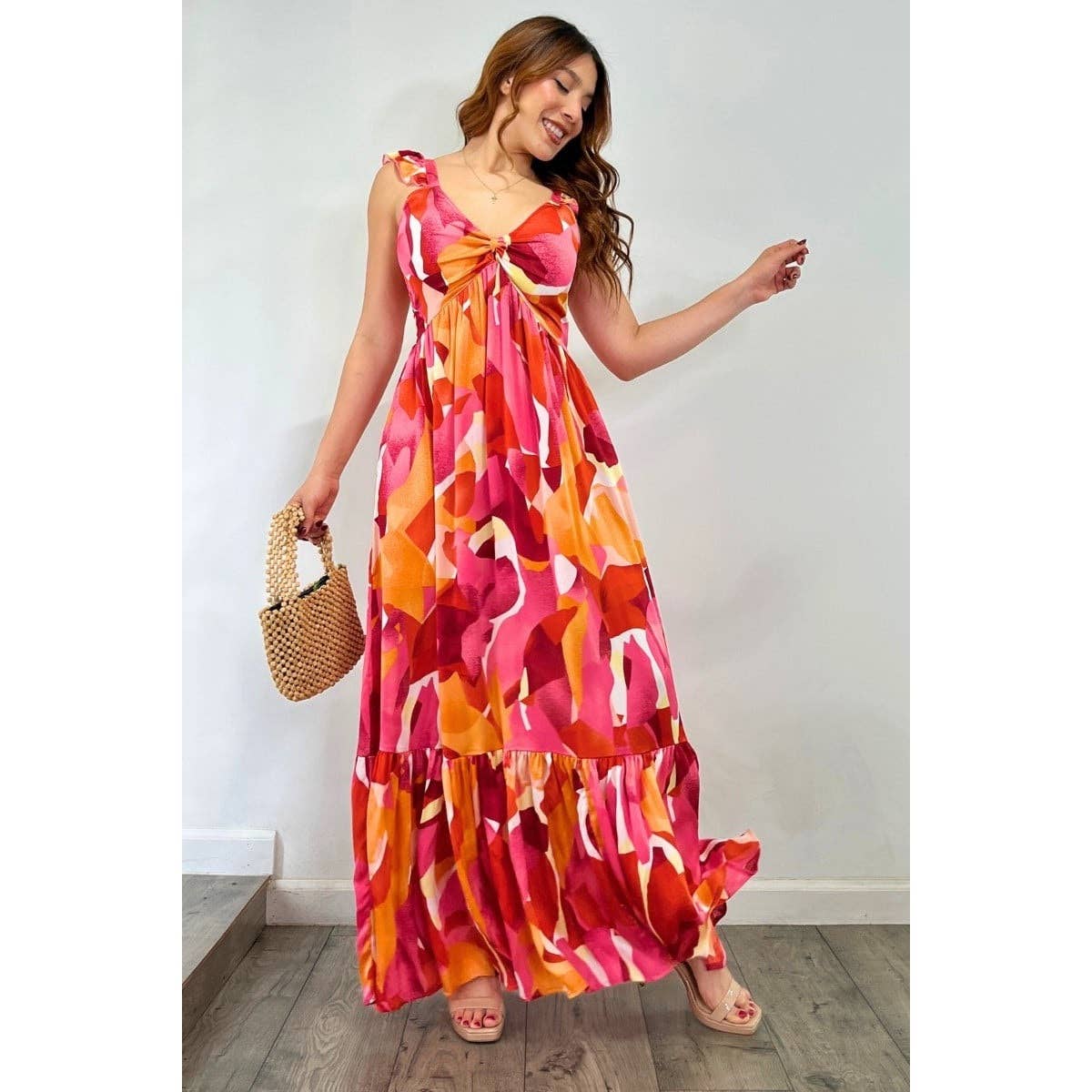 Esmeray Clothing - Wholesale Dress - Women's - Smocked Back Print Maxi Dress with Adjustable Straps8