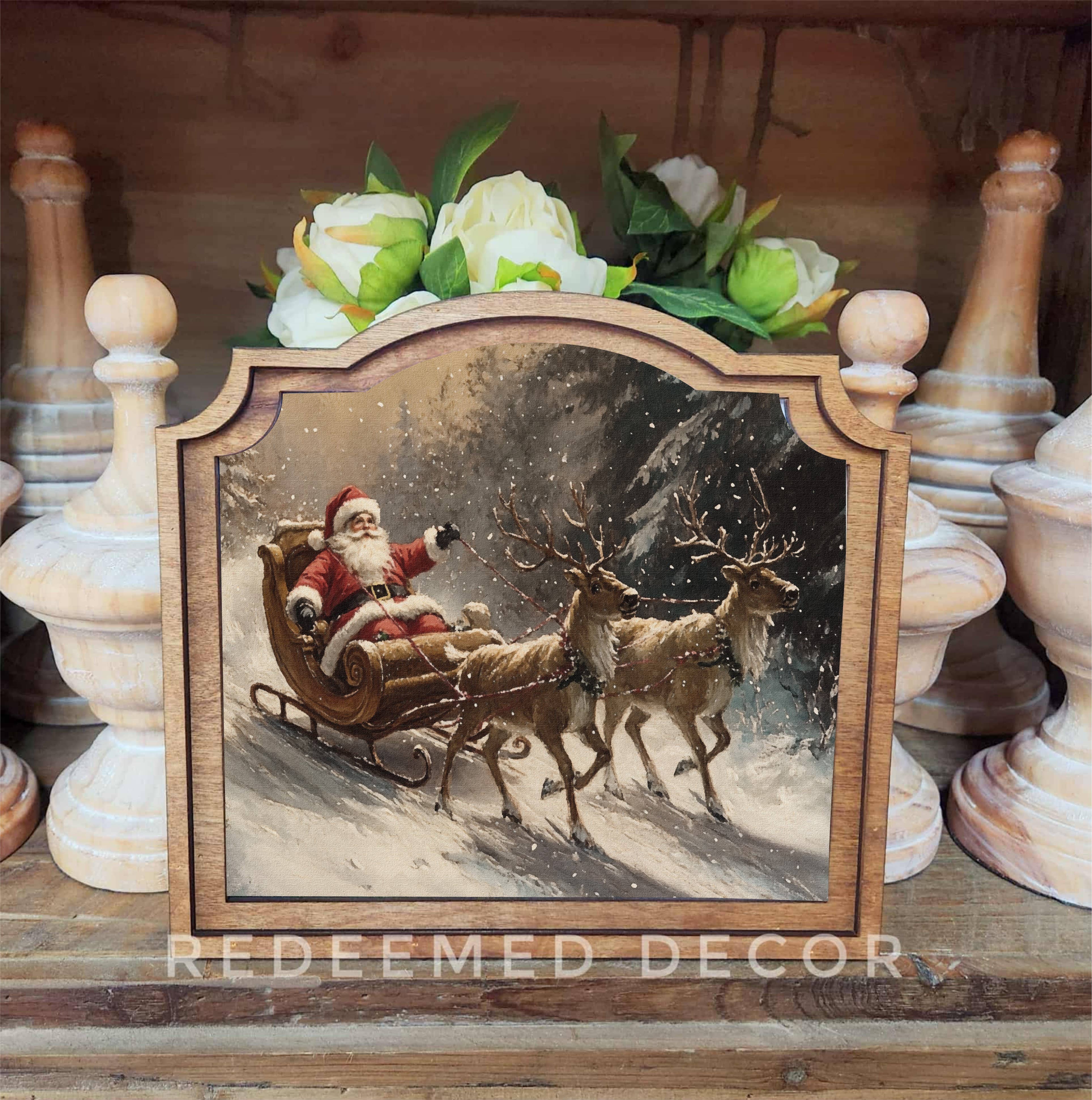 Redeemed Decor - Vente Décorations de table - Art encadré de traîneau du Père Noël provincial