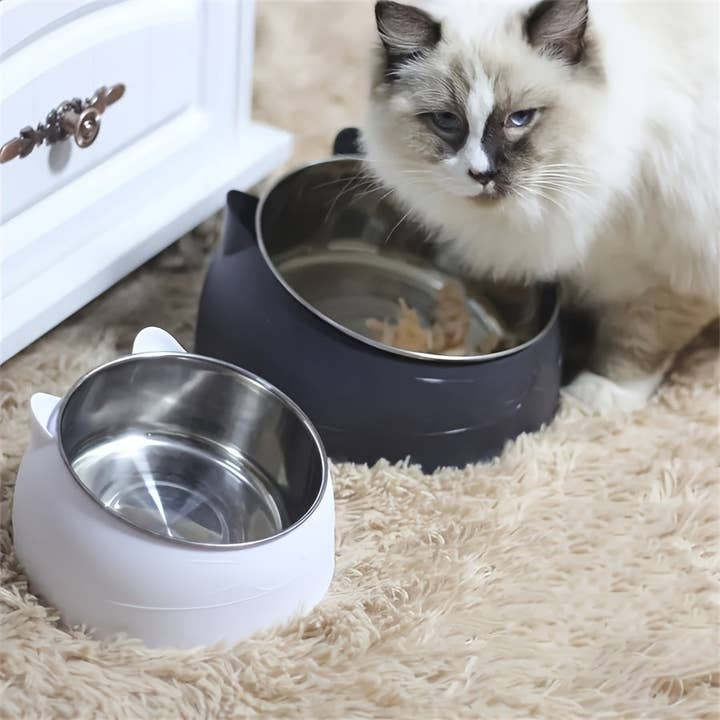 DIYSTORE - Wholesale Pet Bowl - Cat/Dog - 1pc Elevated Stainless Steel Cat Bowl, 2-in-1 Inclined Food & Water Dish with Cute Ear Stand, Neck Protection Design for Cats