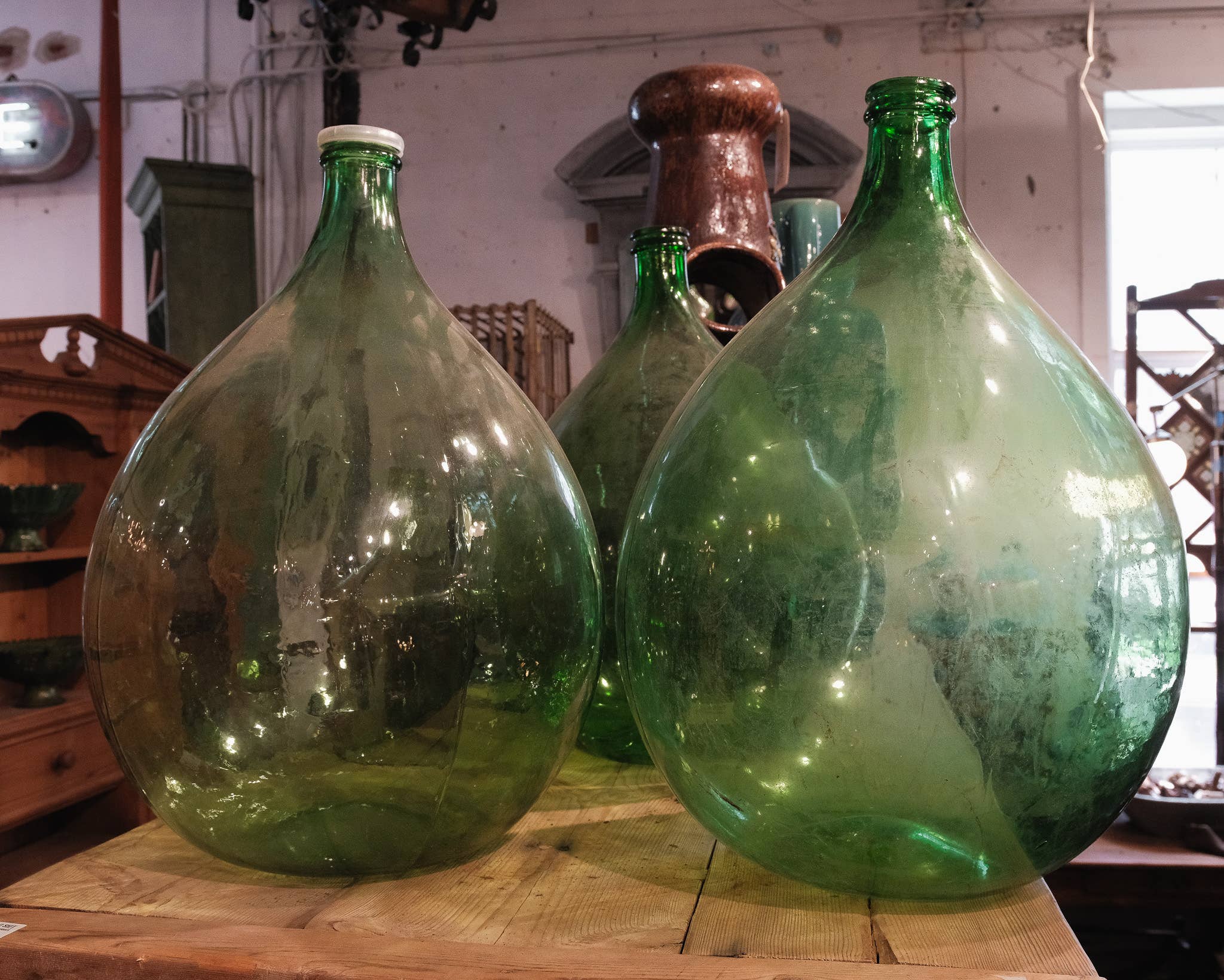 Golden Oldies Antiques - Wholesale Decorative Tabletop Object - Oversized Green Glass Demijohn Bottle3
