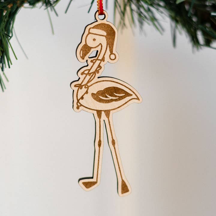 Engraved Wood Flamingo Christmas Ornament for wholesale by Reece Design Works