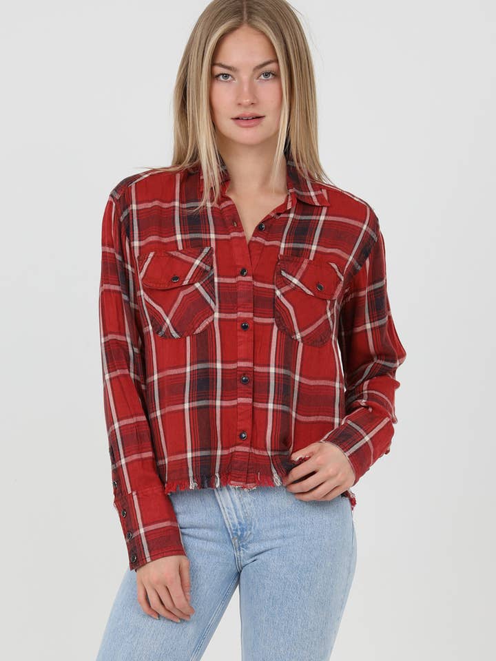 C2151-SA57 PLAID SHIRT WITH FRAYED HEM AND FRONT POCKETS for wholesale by ANGIE