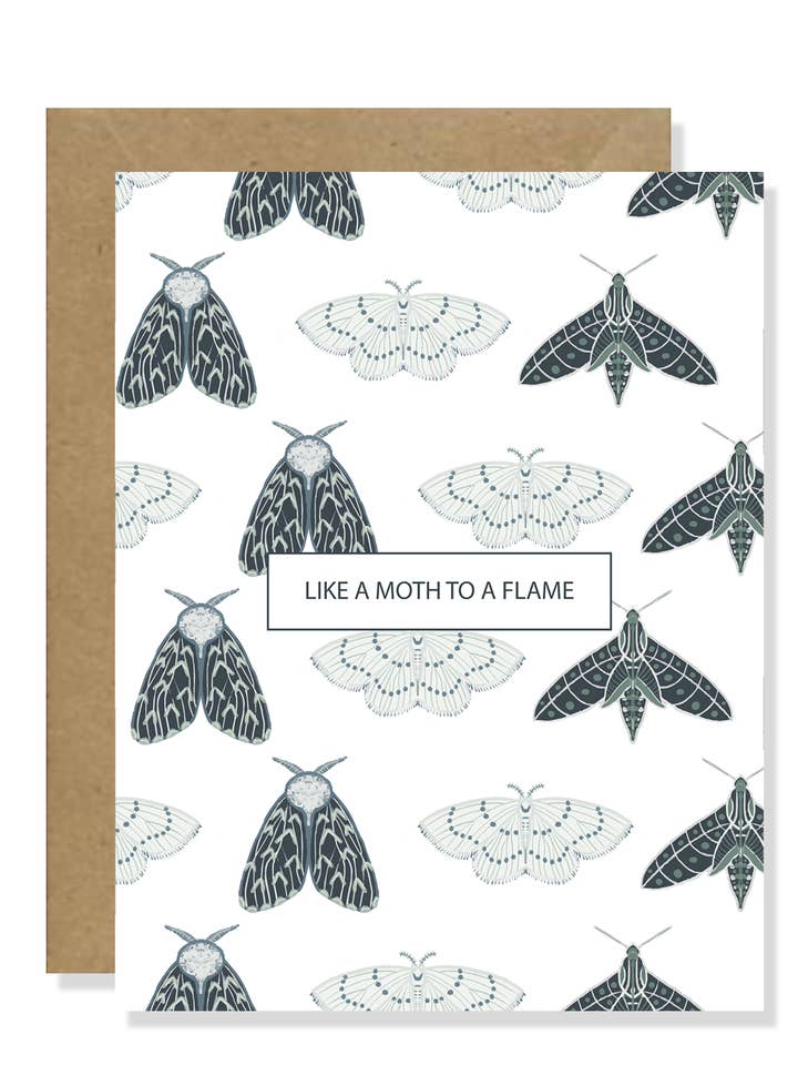Moth Greeting Card| Like A Moth To A Flame Card | Moth Stati for wholesale by Banana Travels Press