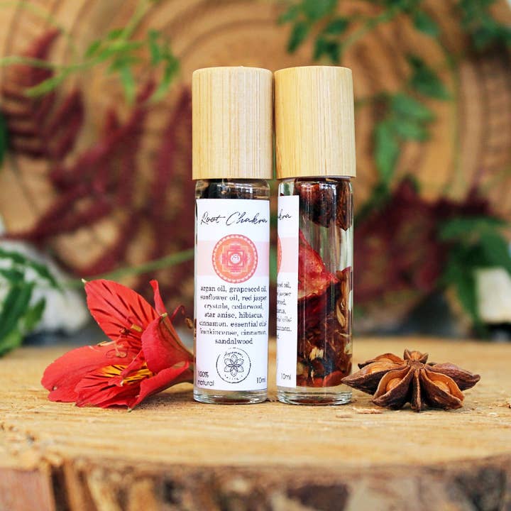 Ayamani Naturals - Wholesale Essential Oil - Root Chakra Balancing Oil with Herbs and Crystals0