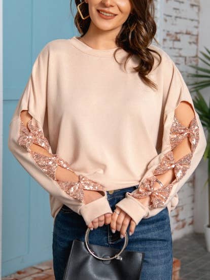 Rosa Clothing - Wholesale Sweatshirt - Women's - Fashion Sequin Bow Hollow Sleeve Sweatshirt