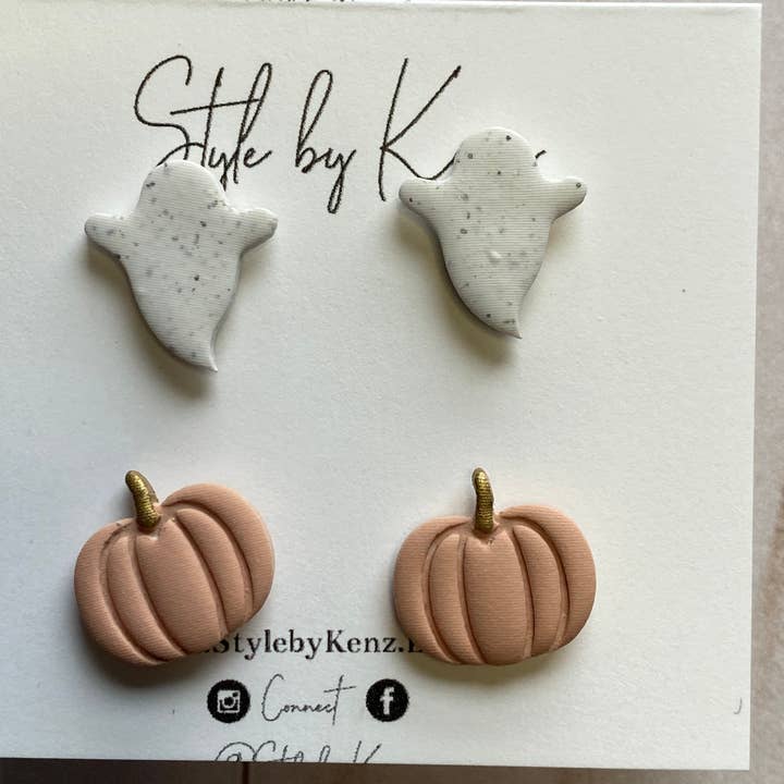 Style by Kenz - Wholesale Stud/Post Earrings - Ghost And Pumpkin Stud Pack,Fall Stud Pack, Ghost Earrings2