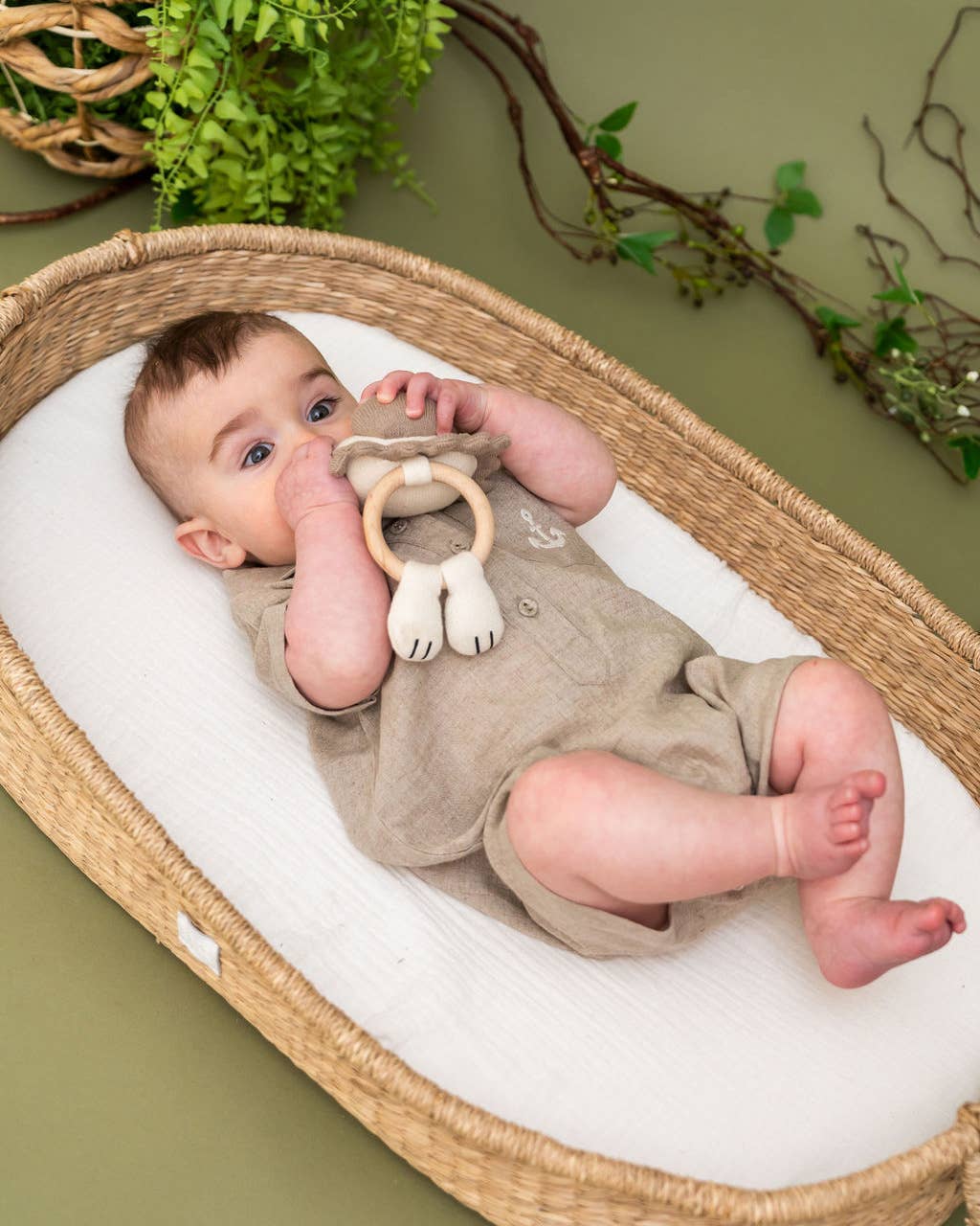 Riley Anchor Baby Romper (Natural Linen Blend) for wholesale on Faire6