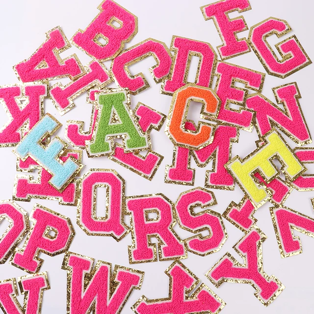 Neon Pink Chenille Iron On Gold Glitter Letter Patches for wholesale on Faire1