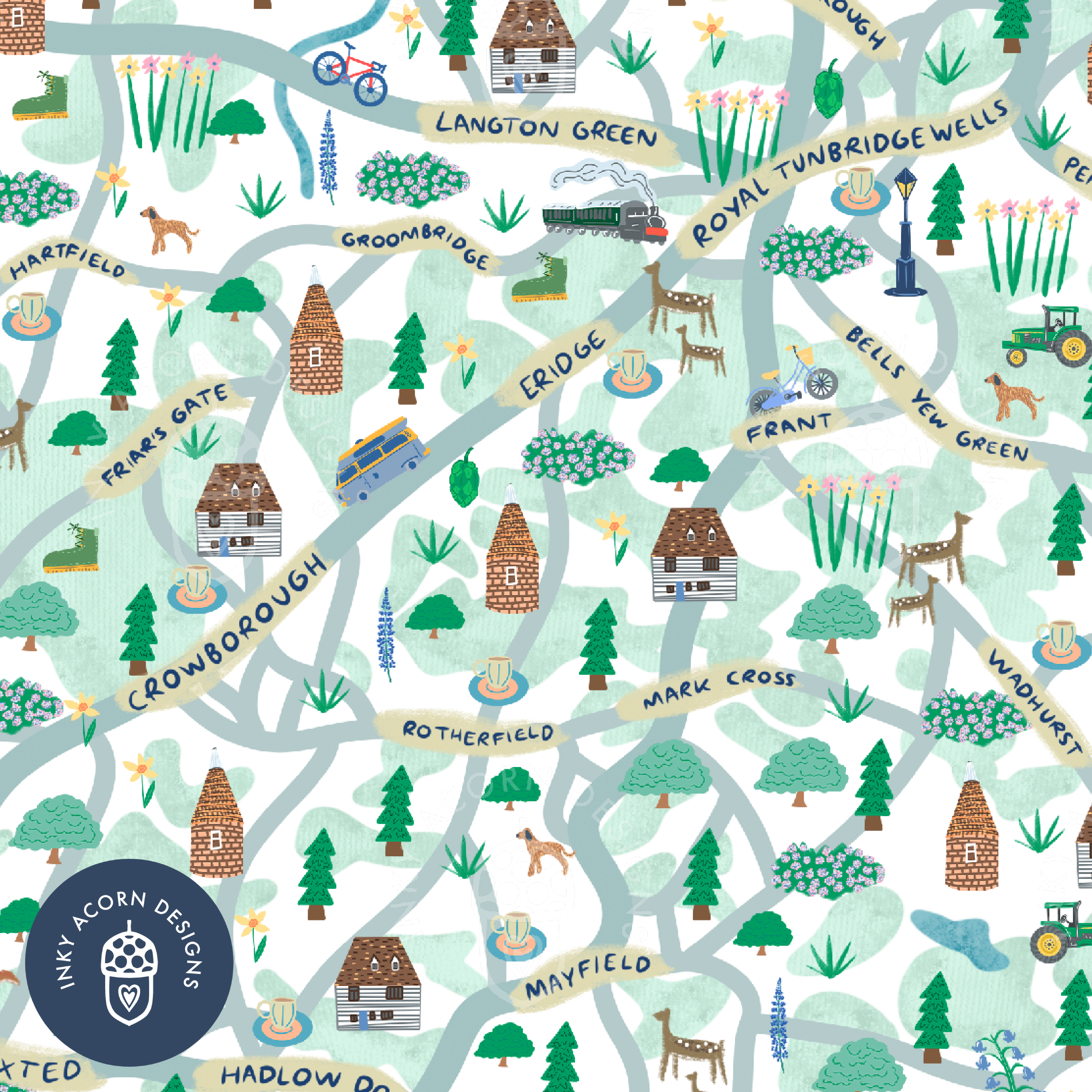 Inky Acorn Designs – wholesale Art print – Wealden Towns & Villages Illustrated Map Signed Art Print1