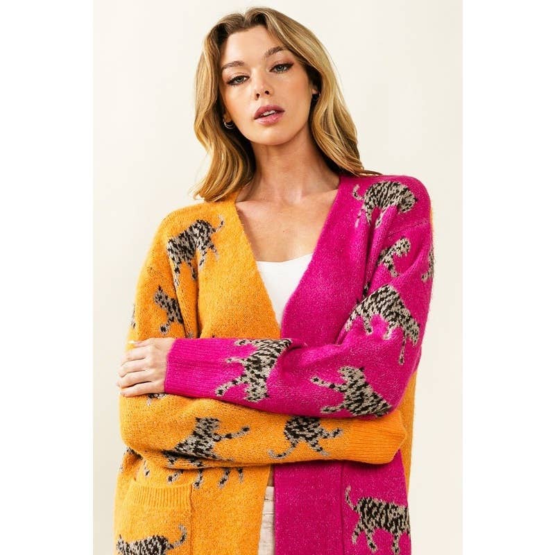 IVE - Vente Cardigan – femme - CARDIGAN À COL EN V À MOTIF TIGRE ET POCHES PLAQUÉES5